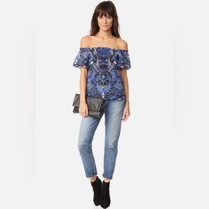 ALICE + OLIVIA embroidery overlay off the shoulder top, blue & white size small
